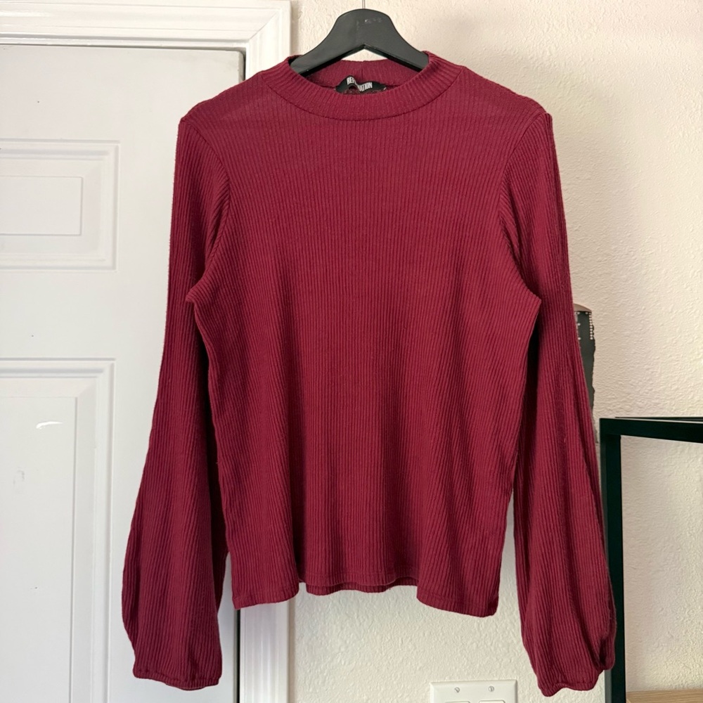 REFORMATION burgundy red tencel rib ribbed knit crew puff long sleeve tee top